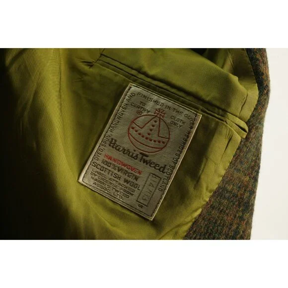 Vintage 1950s Penneys x Harris Tweed 42R Green Orange Shadow Plaid Sport Coat